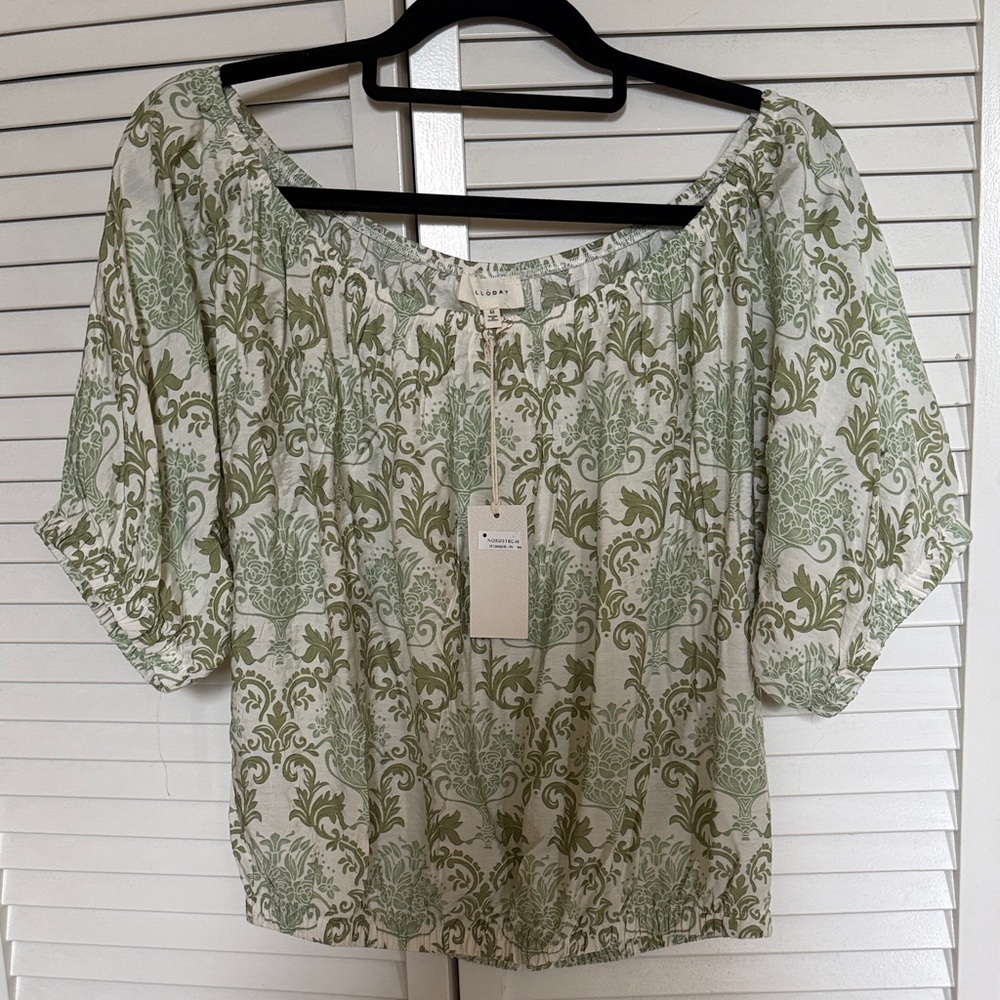 NWT MELLODAY Green Printed floral Peasant Blouse with elastic at waist & neck